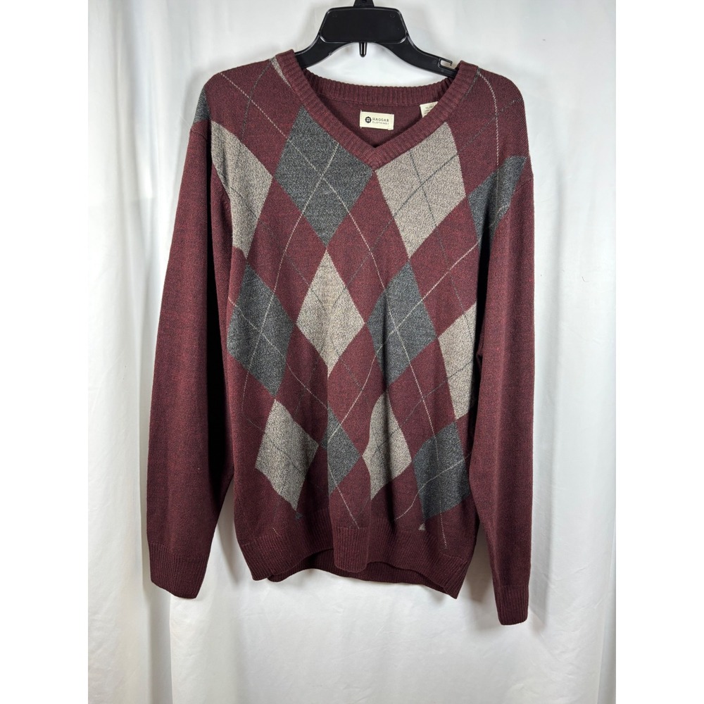 Haggar Clothing Mens XL Argyle V-Neck Sweater Burgundy Grey Pullover WPL 12902